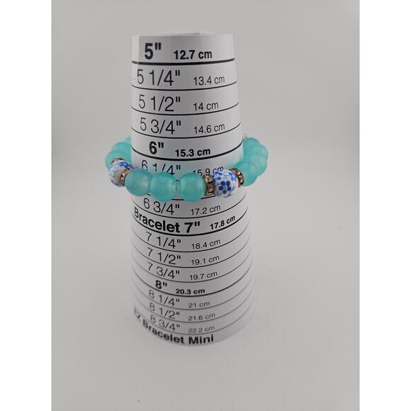 Aqua Blue Round Beaded Stretch Bracelet Floral Accent Chunky Stackable Coquette - Picture 2 of 2